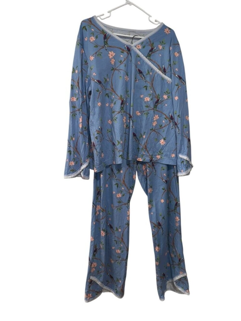 Garnet Hill Asian Wrap Long-Sleeve Women Pajama Set XL Blue Pink Birds Floral
